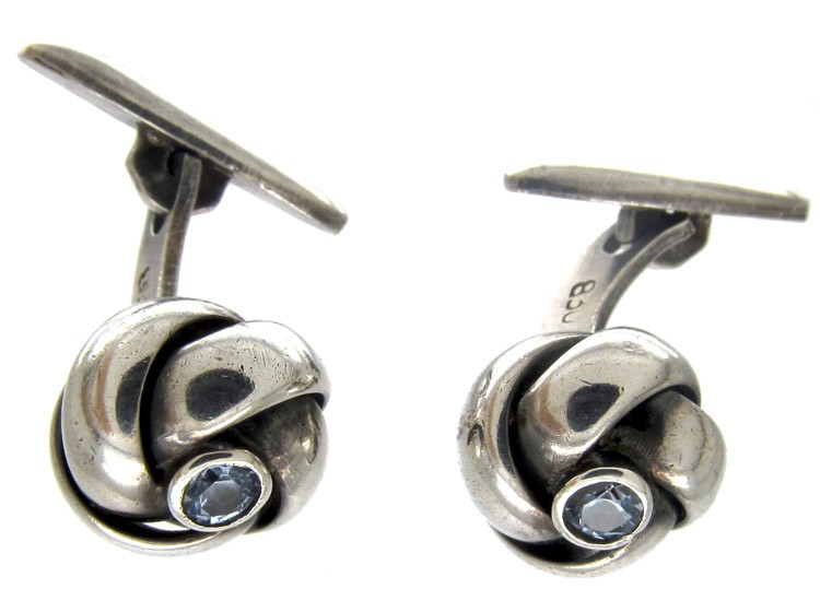 Silver Knot Cufflinks Set with Sapphires
