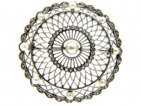Edwardian Platinum Diamond & Natural Pearl Round Brooch