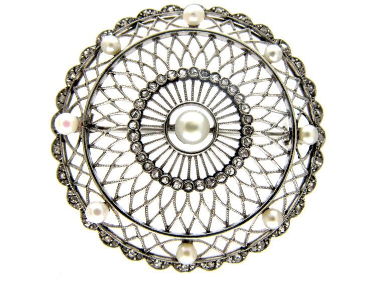 Edwardian Platinum Diamond & Natural Pearl Round Brooch