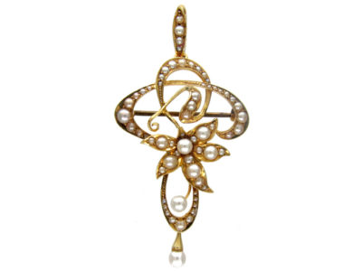 Art Nouveau 15ct Gold Natural Pearls Brooch Pendant