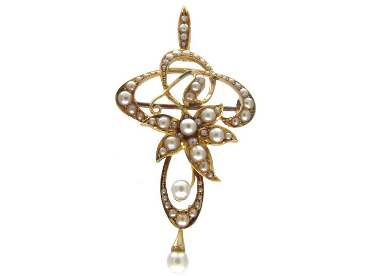Art Nouveau 15ct Gold Natural Pearls Brooch Pendant
