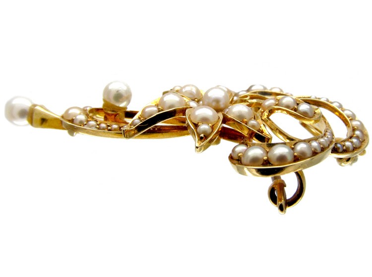 Art Nouveau 15ct Gold Natural Pearls Brooch Pendant