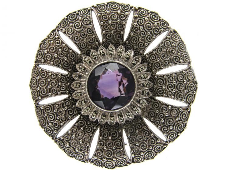 Theodor Farhner Amethyst, Marcasite & Silver Brooch