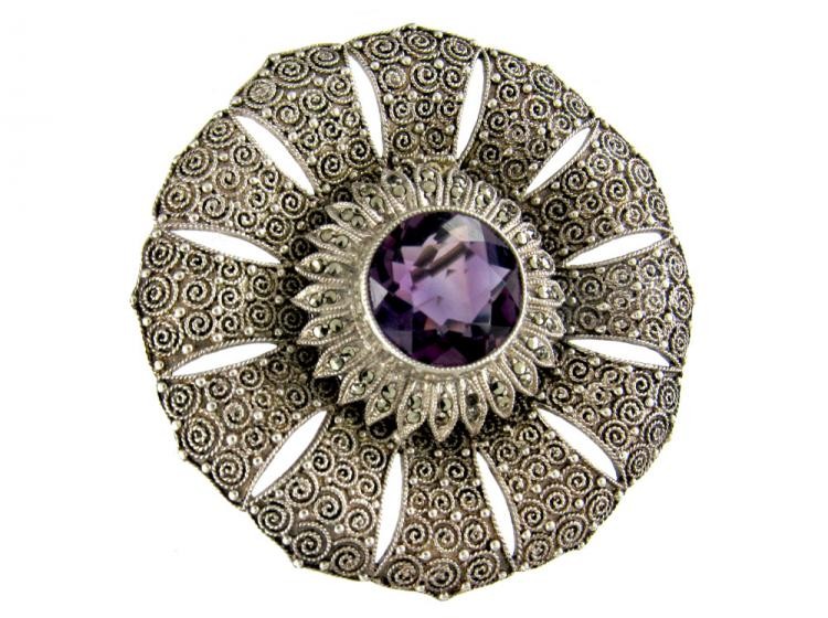 Theodor Farhner Amethyst, Marcasite & Silver Brooch