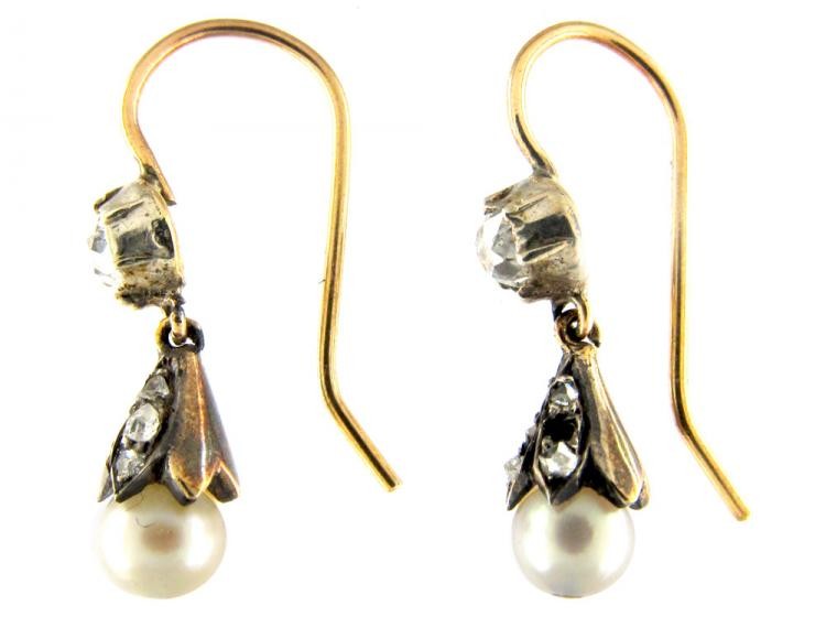 Natural Pearl & Diamond Earrings Set in Yellow Gold
