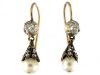 Natural Pearl & Diamond Earrings Set in Yellow Gold