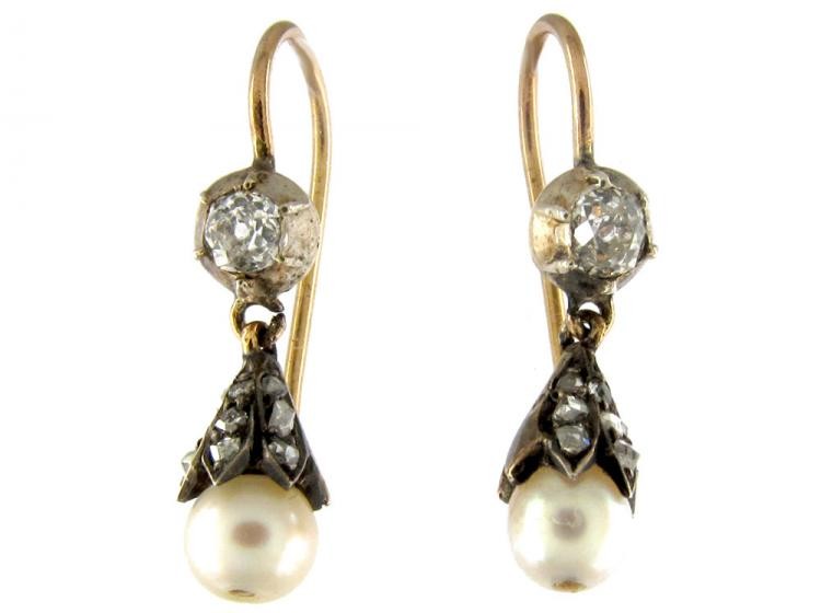 Natural Pearl & Diamond Earrings Set in Yellow Gold