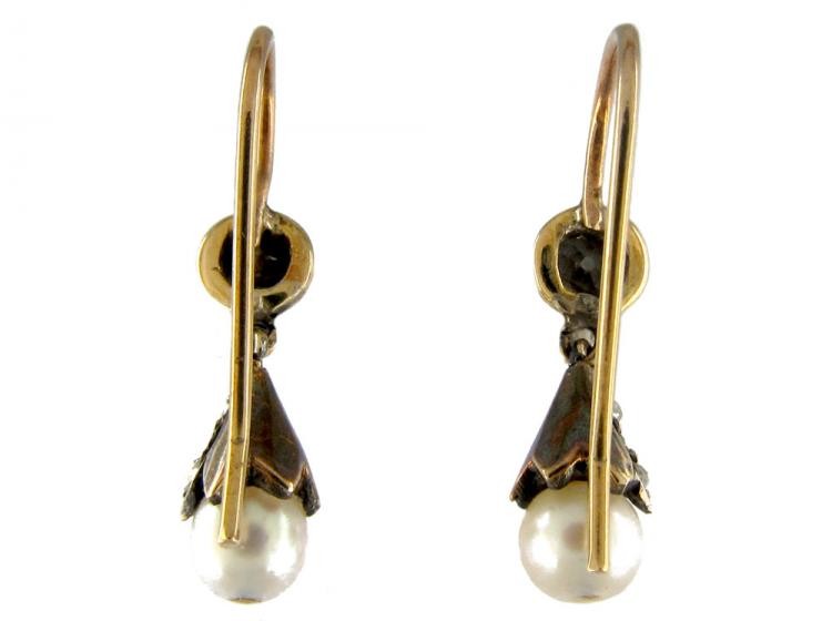 Natural Pearl & Diamond Earrings Set in Yellow Gold