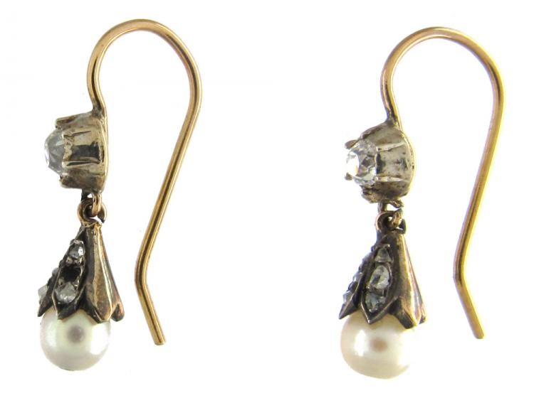 Natural Pearl & Diamond Earrings Set in Yellow Gold