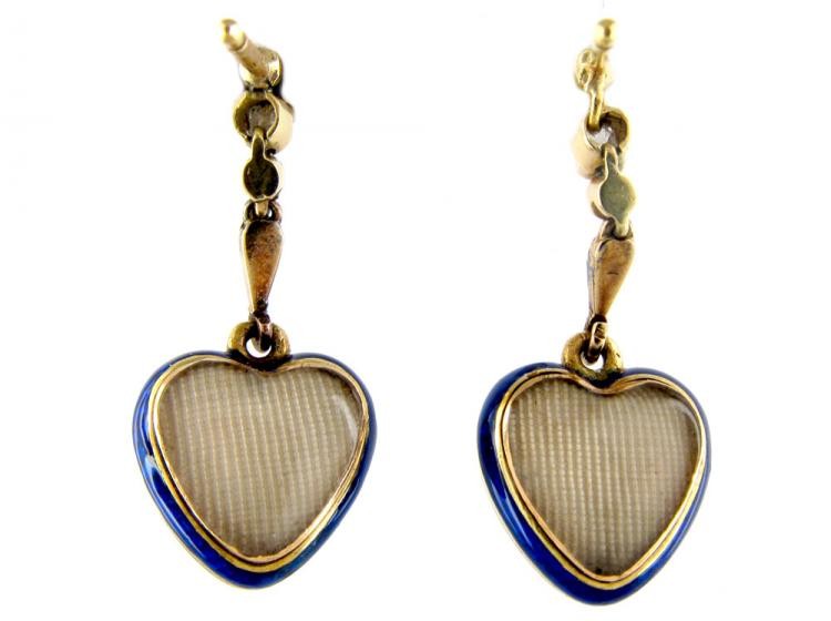 Victorian Blue Enamel Diamond Heart Drop Earrings