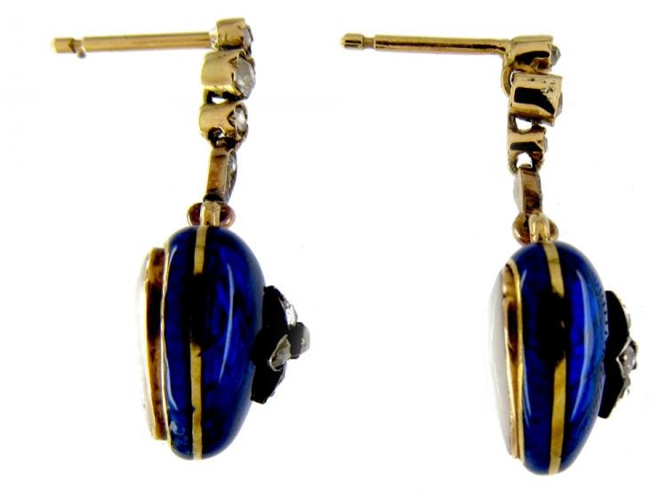Victorian Blue Enamel Diamond Heart Drop Earrings
