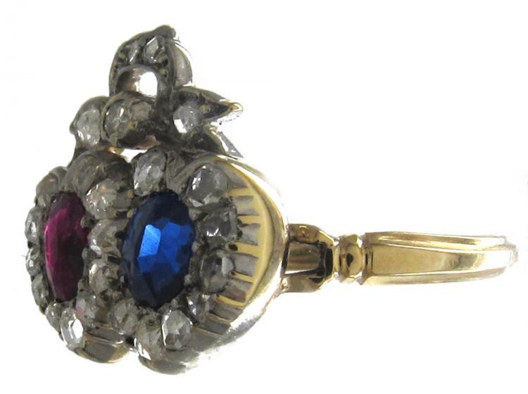 Sapphire, Ruby & Diamond Victorian Double Heart Ring