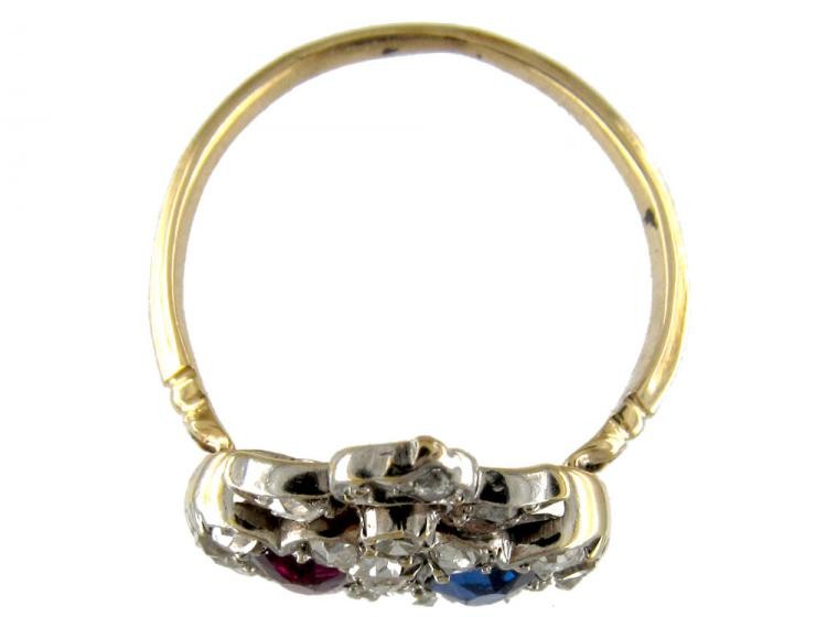 Sapphire, Ruby & Diamond Victorian Double Heart Ring