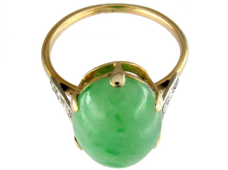 Art Deco Single Stone Jade Ring with Diamond Detail
