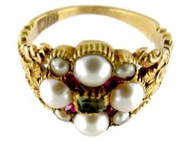 15ct Gold Regency Emerald, Natural Split Pearl & Ruby Cluster Ring