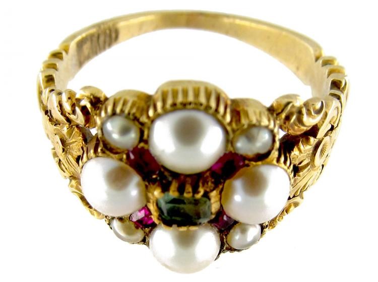 15ct Gold Regency Emerald, Natural Split Pearl & Ruby Cluster Ring