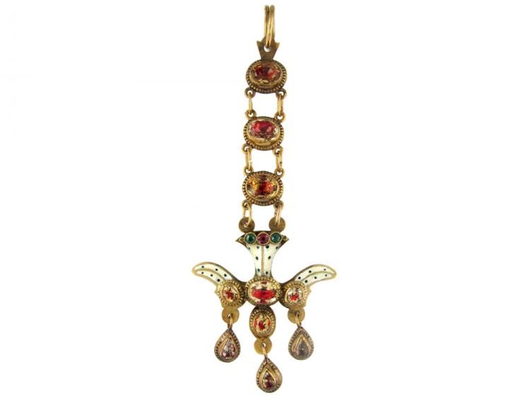 Foiled Topaz, Garnet, Green Paste & Enamel Pendant