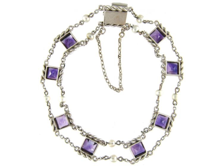 White Gold Amethyst & Natural Pearl Bracelet
