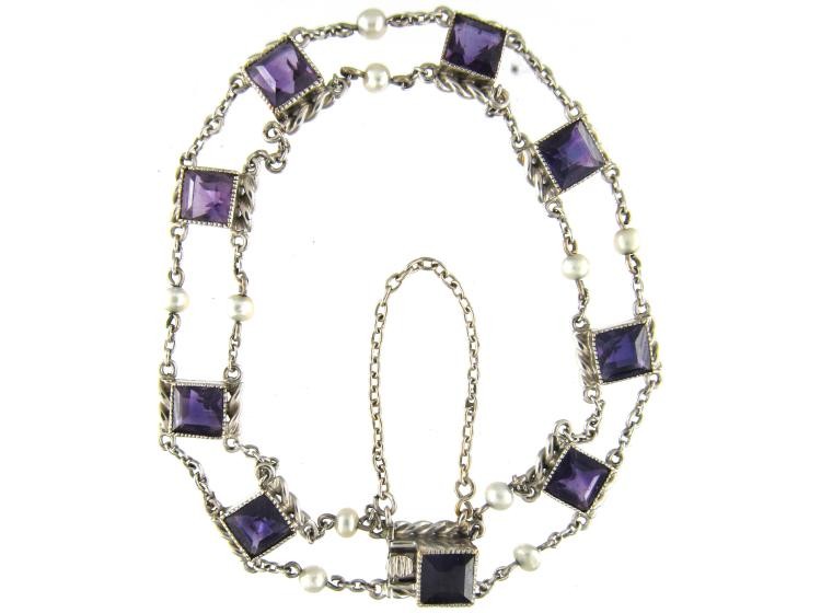 White Gold Amethyst & Natural Pearl Bracelet