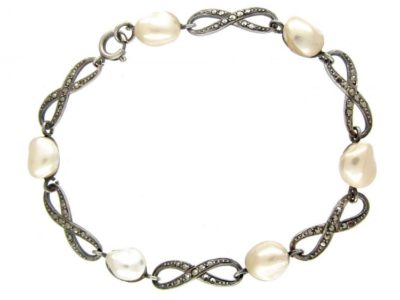 Blister Pearl, Silver & Marcasite Crossover Link Bracelet