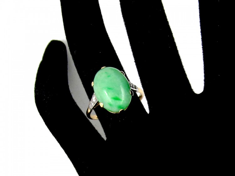 Art Deco Single Stone Jade Ring with Diamond Detail