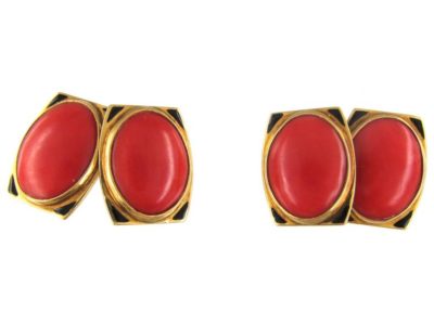 French Coral 18ct Gold Art Deco Cufflinks