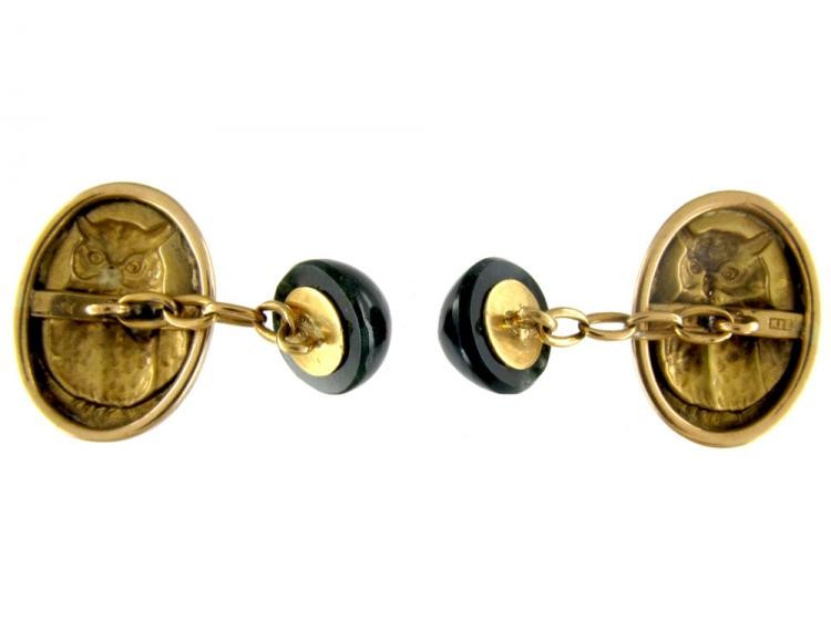 18ct Gold Owl in the Moon Cufflinks with Bloodstone Backs