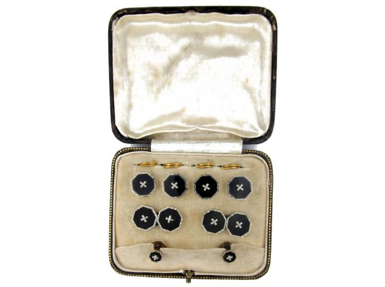 Onyx 9ct & 18ct Gold Cufflinks & Studs in Original Case