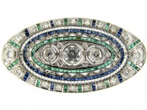 Diamond, Emerald & Sapphire Art Deco Platinum Brooch