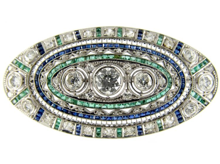 Diamond, Emerald & Sapphire Art Deco Platinum Brooch