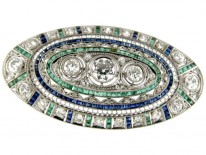 Diamond, Emerald & Sapphire Art Deco Platinum Brooch