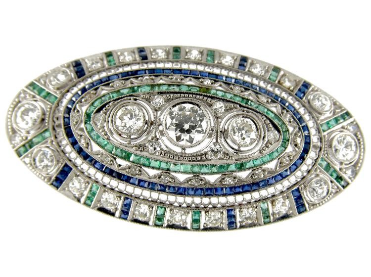 Diamond, Emerald & Sapphire Art Deco Platinum Brooch