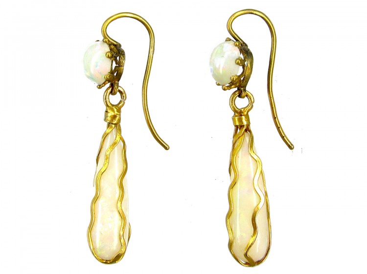 Art Nouveau Gold Opal Drop Earrings