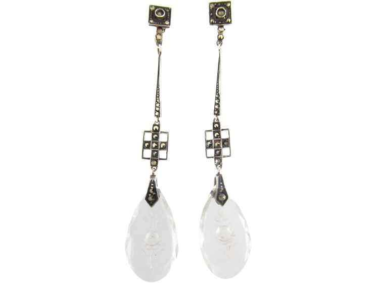 Art Deco Marcasite Long Drop Earrings