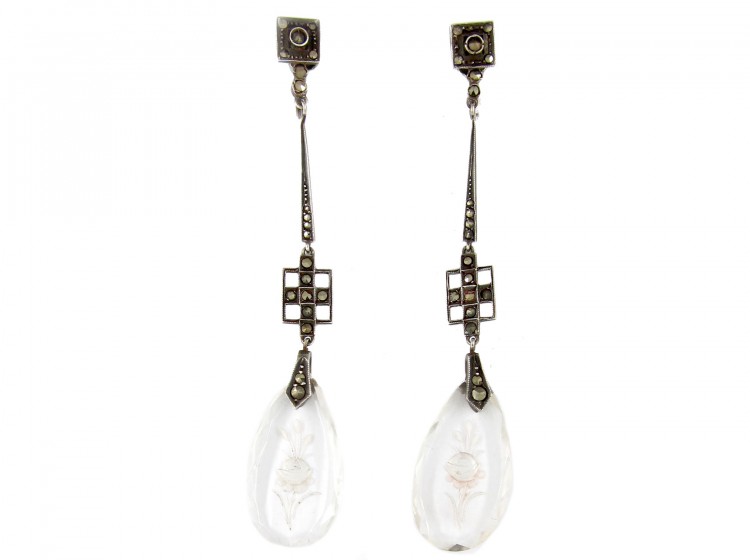 Art Deco Marcasite Long Drop Earrings