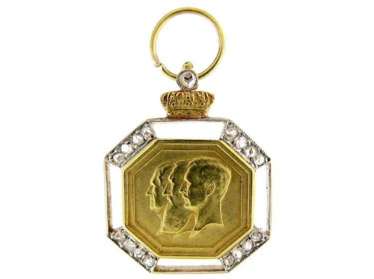 Three Belgian Kings Gold & Diamond Set Medal Charm