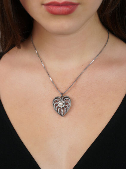 Diamond, Natural Pearl & Rock Crystal Edwardian Heart Pendant