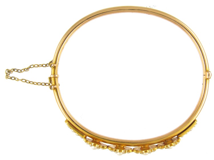 Edwardian Pearl Flower Clusters 15ct Gold Bangle