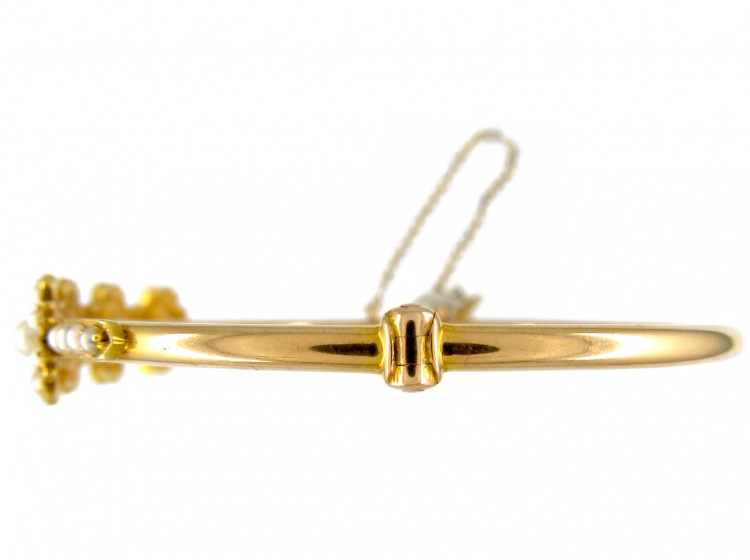 Edwardian Pearl Flower Clusters 15ct Gold Bangle