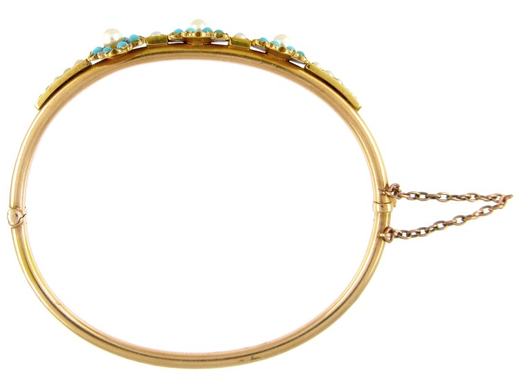 Turquoise & Pearl Edwardian 15ct Gold Bangle