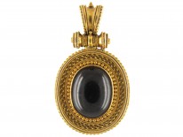 18ct Gold Victorian Cobouchon Garnet & Gold Etruscan Work Locket Back Pendant