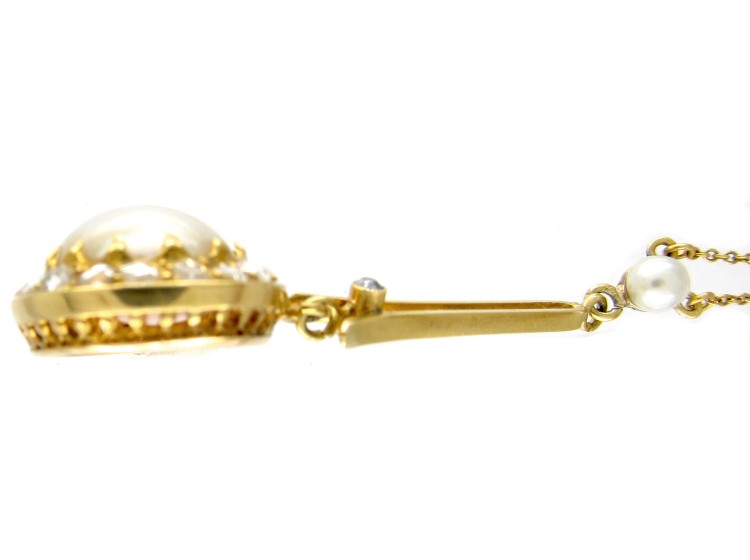Edwardian Natural Pearl & Rose Diamond Pendant on Chain