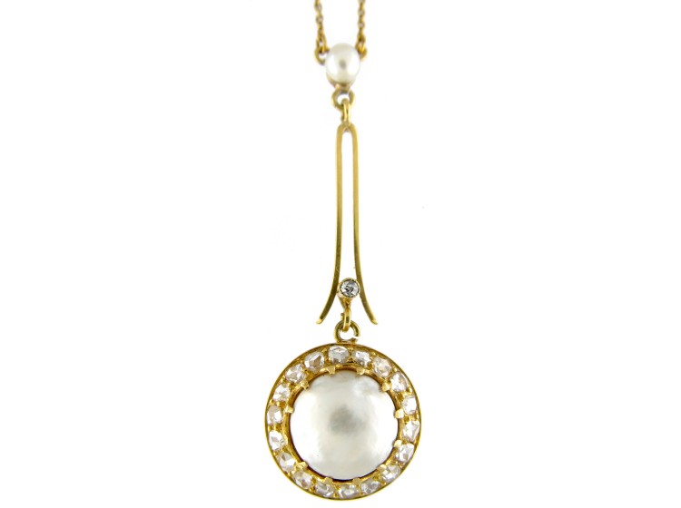 Edwardian Natural Pearl & Rose Diamond Pendant on Chain