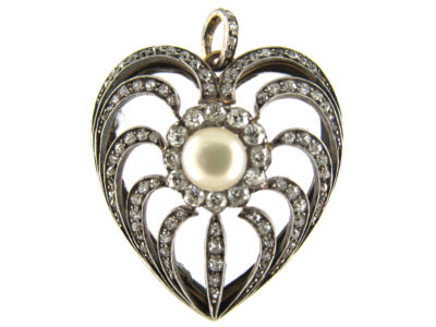 Diamond, Natural Pearl & Rock Crystal Edwardian Heart Pendant