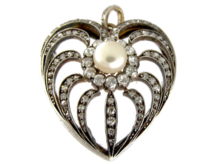 Diamond, Natural Pearl & Rock Crystal Edwardian Heart Pendant