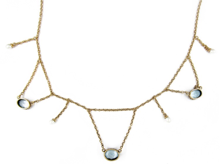 Aquamarine & Natural Pearl Gold Festoon Necklace