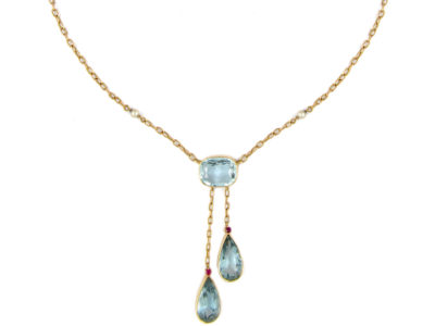 Double Drop Aquamarine 15ct Gold Edwardian Necklace