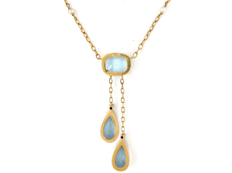 Double Drop Aquamarine 15ct Gold Edwardian Necklace
