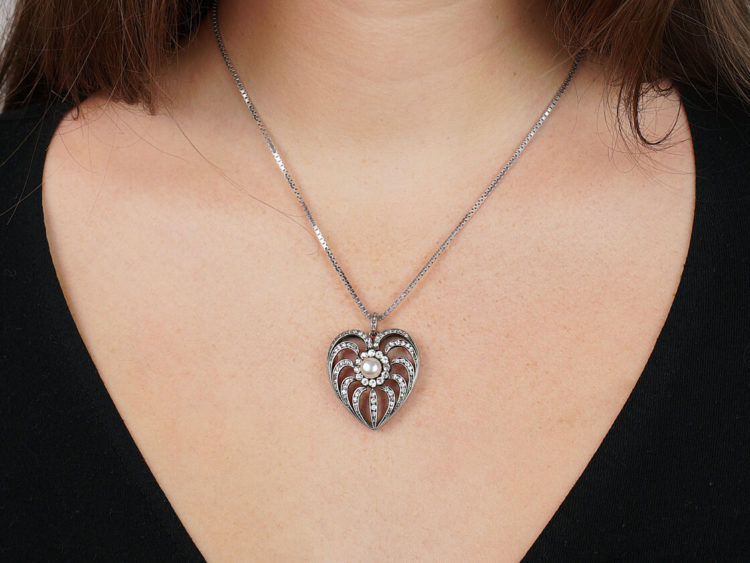 Diamond, Natural Pearl & Rock Crystal Edwardian Heart Pendant