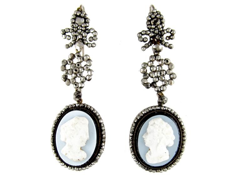Georgian Cut Steel & Glass Cameo Earrings